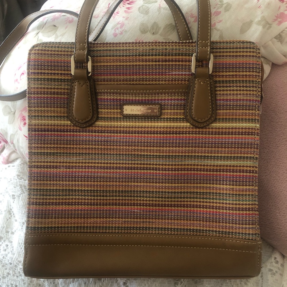 Liz Claiborne Multistripe Woven purse with Tan Leather Trim